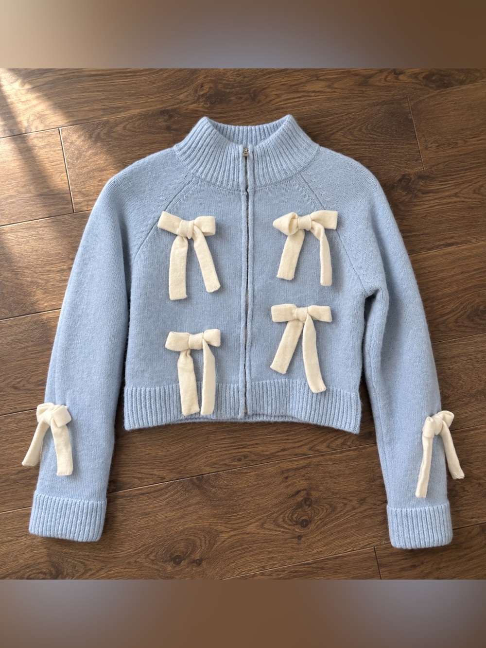 Cider Light Blue Knit Zip Cardigan with Cream Bow Accents Sz XL NWT